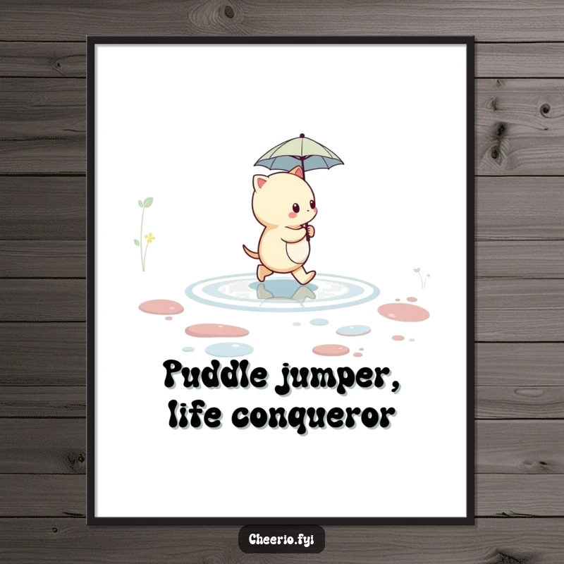 Funny Free Printable Wall Art depicting a creature with a small umbrella crossing a puddle, offering quirky downloadable home decor.
