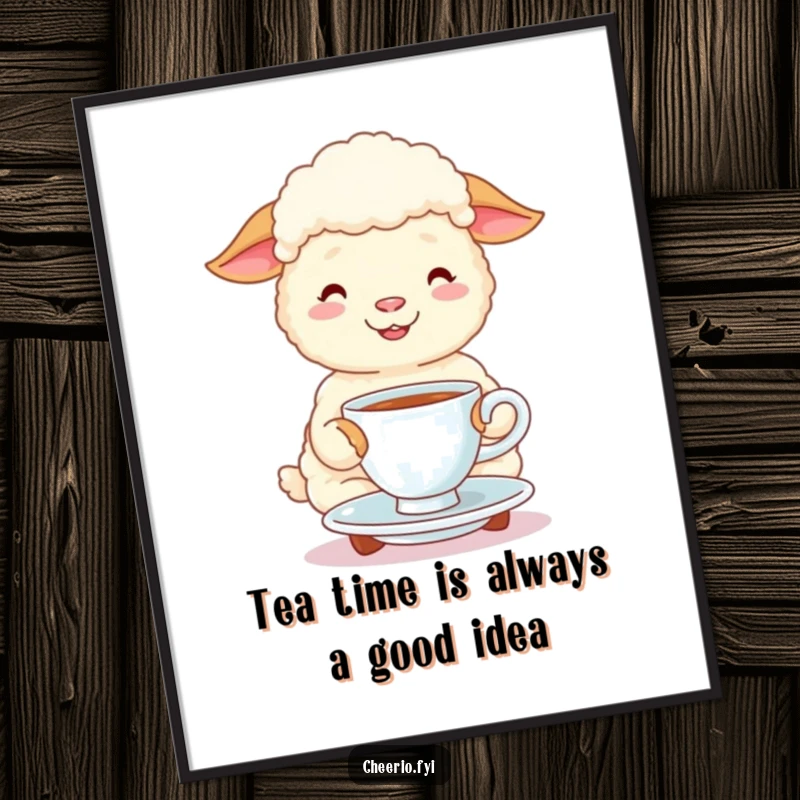 Funny Free Printable Wall Art: A happy sheep sips tea merrily, exuding calm and coziness.