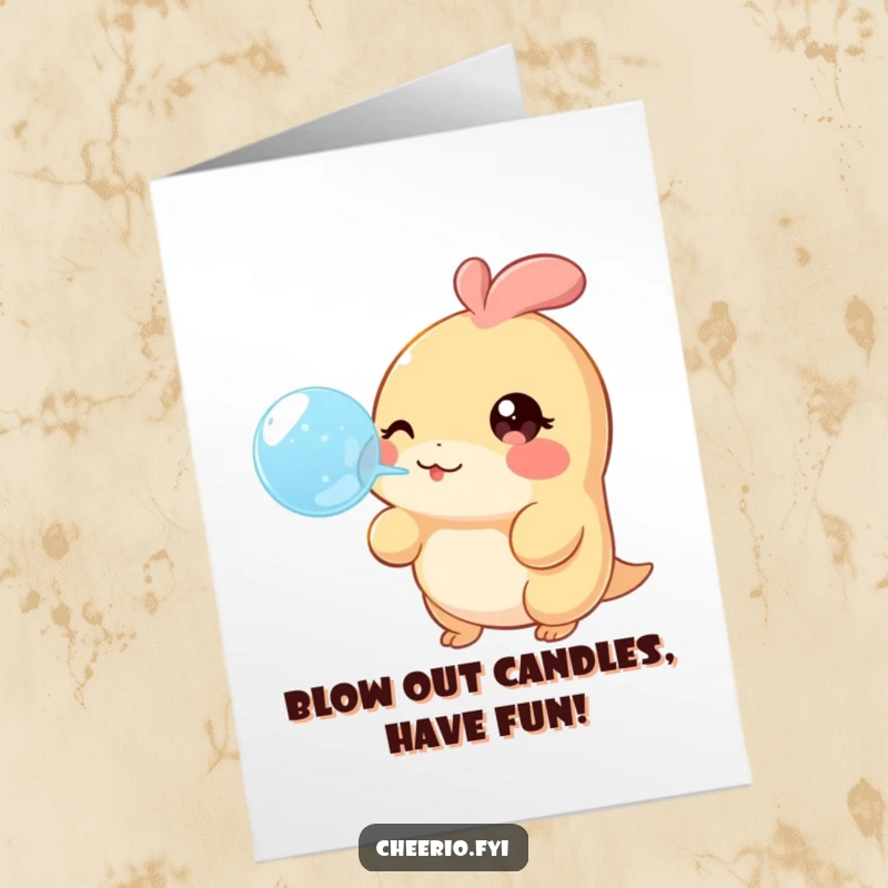 Funny free printable birthday card of a creature with a twinkle in its eye blowing a large, cheerful bubble, wishing a happy birthday.