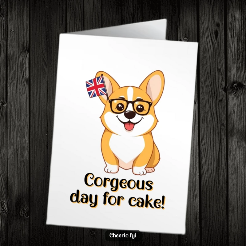 Funny Free Printable Birthday Card: A dapper corgi in a monocle joyfully waves a union flag in celebration.