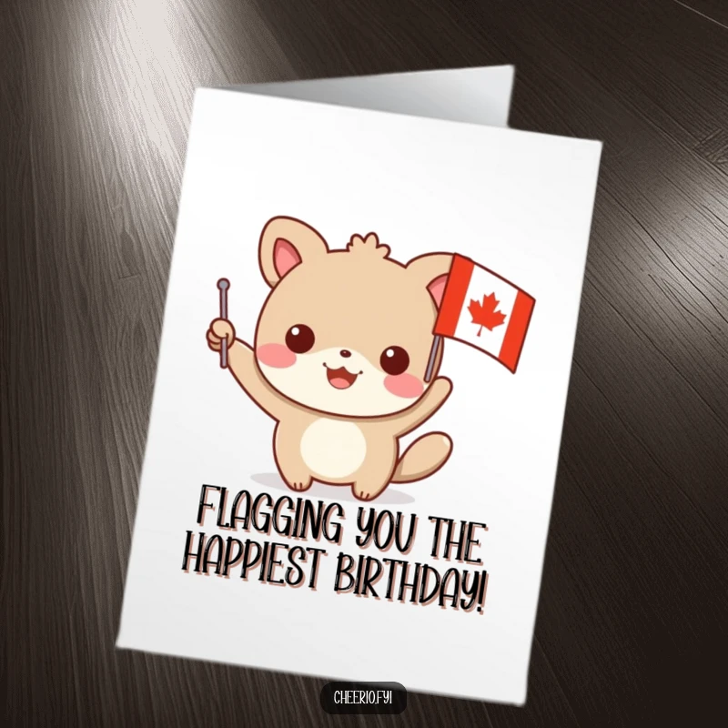 Funny Free Printable Birthday Card featuring a joyful animal character energetically waving a flag with a clear red cross emblem.