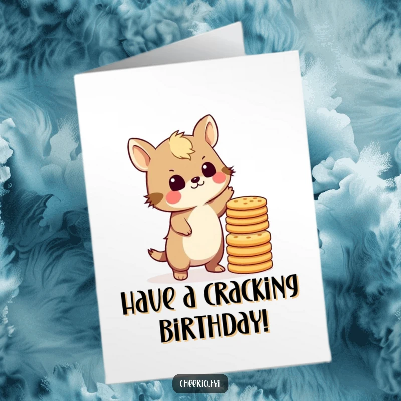 Funny Free Printable Birthday Card: A British animal precariously balances a tall stack of biscuits, looking focused and slightly amused.