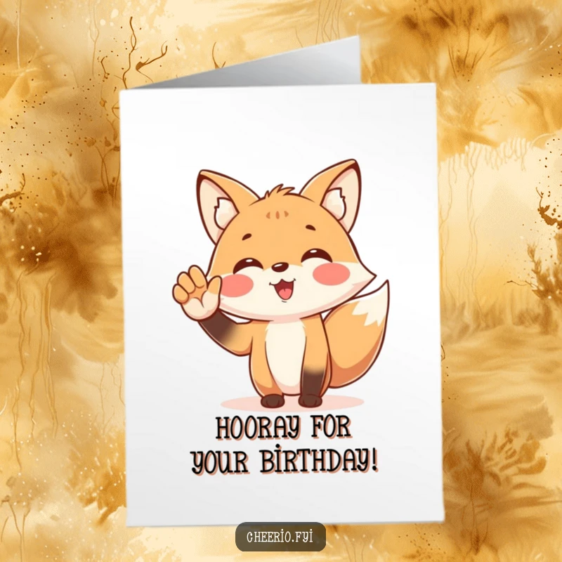 Funny Free Printable Birthday Card showing a happy fox character enthusiastically cheering with a cupped hand, full of joy.