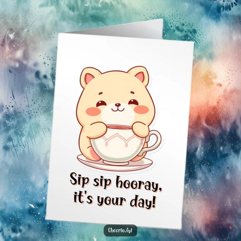 Funny Free Printable Birthday Card: Chubby animal character looks delighted while enjoying a warm teacup, perfect for birthday wishes.