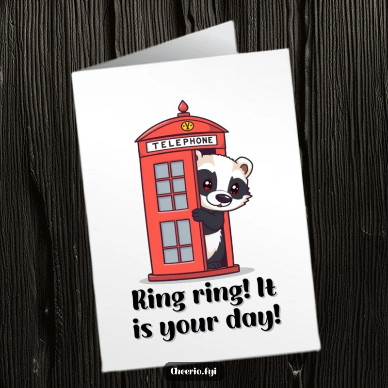 Funny Free Printable Birthday Card featuring a curious badger peeking from a red phone box, perfect for a humorous gift.