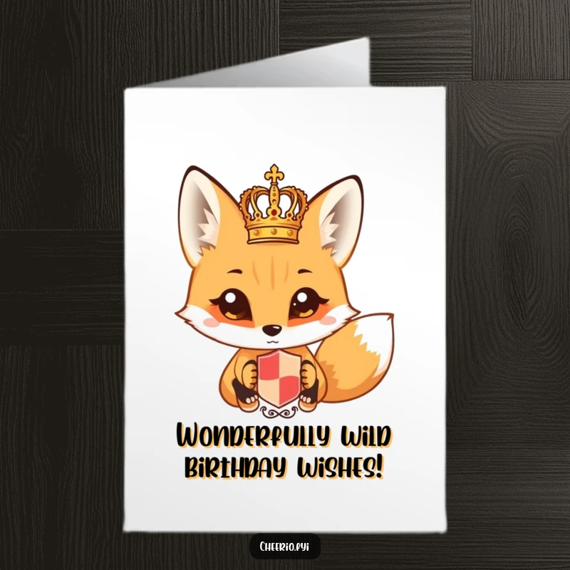 Funny Free Printable Birthday Card: A curious fox with wide eyes peers intently at a miniature royal crest.
