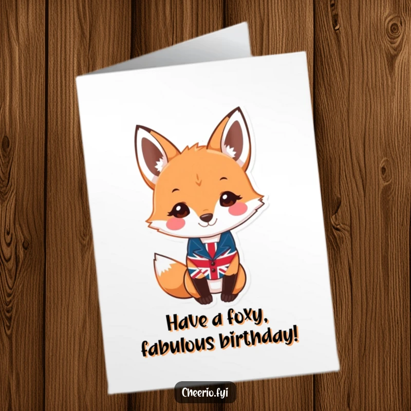 Funny Free Printable Birthday Card showing a smiling fox sporting a tiny Union Jack waistcoat, looking dapper and festive.