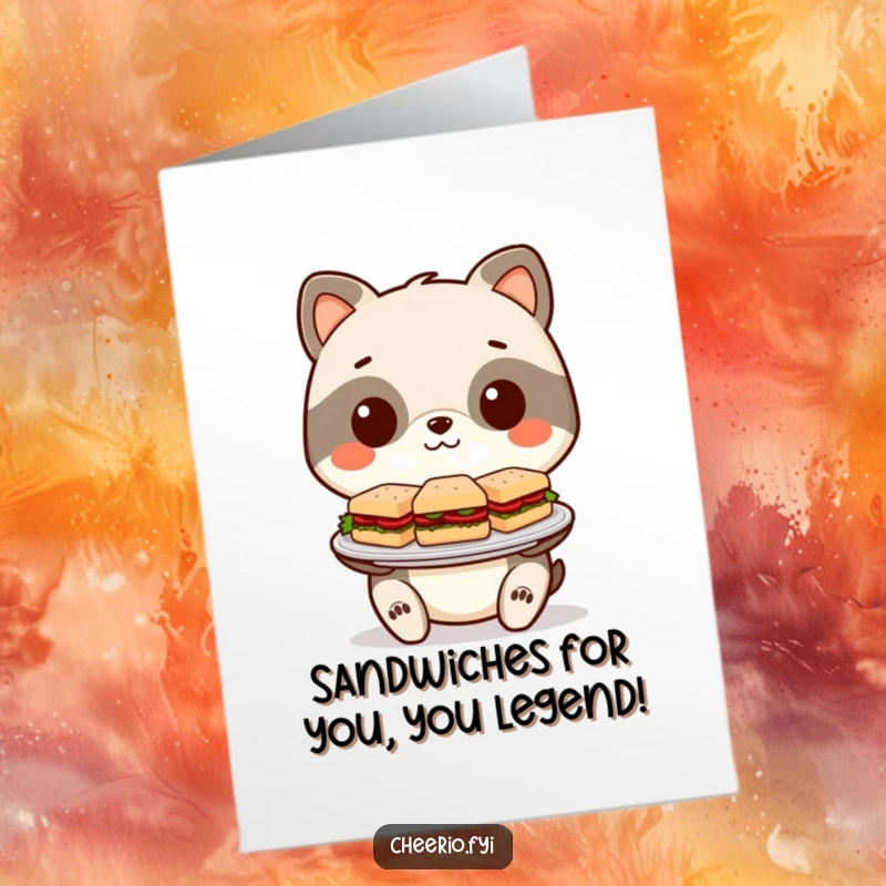 Funny Free Printable Birthday Card featuring a stylized animal offering miniature sandwiches, a quirky and humorous DIY gift.