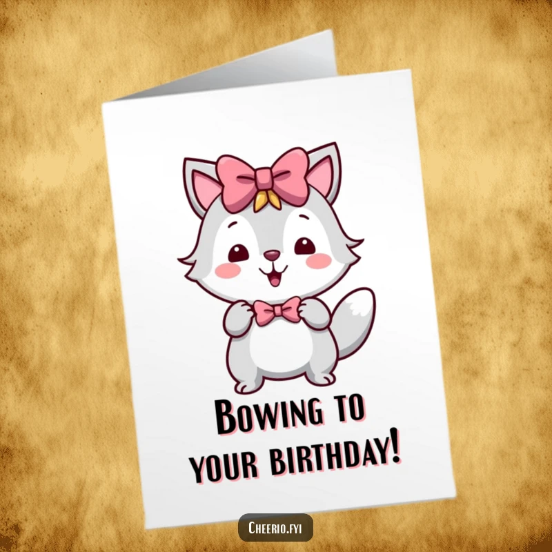 Funny Free Printable Birthday Card: A happy animal character performs a jaunty little bow, offering a cheerful and festive birthday wish.