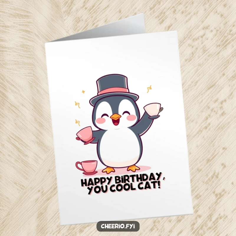 Funny Free Printable Birthday Card: A delighted penguin in a bowler hat skillfully juggles teacups.