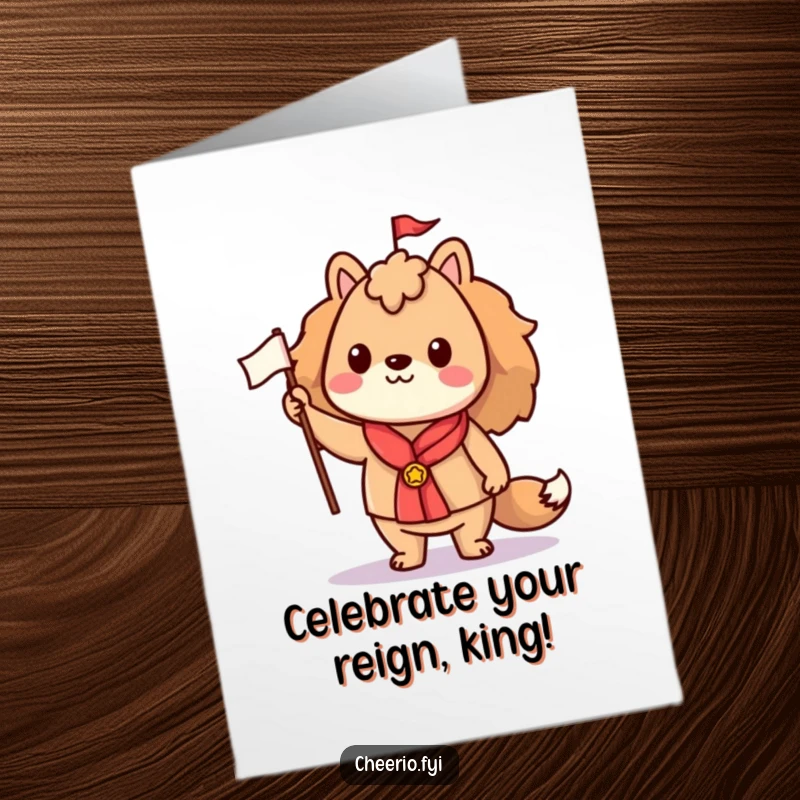 Funny Free Printable Birthday Card showing a proud animal character standing tall and raising a small flag with a cheerful expression.