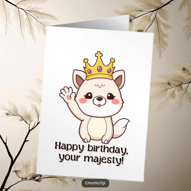 Funny Free Printable Birthday Card: An animal character wearing a crown performs a regal wave, bestowing birthday wishes.