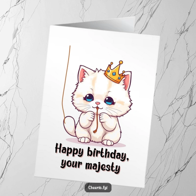 Funny Free Printable Birthday Card: A fluffy cat with a tiny crown playfully bats at a dangling string with a mischievous grin.