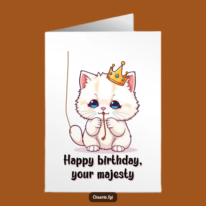Free Printable Birthday Card: Royal Cat Playing Funny Downloadable Gift for Cat Lovers