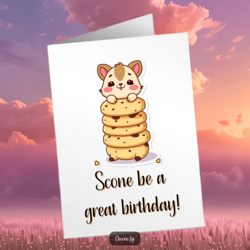 Funny Free Printable Birthday Card featuring a playful animal expertly balancing a tall stack of delicious scones, ready for a party.