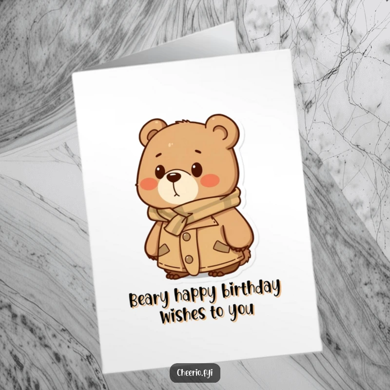 Funny Free Printable Birthday Card: A bear in a tweed jacket and scarf looks thoughtfully into the distance on a birthday.