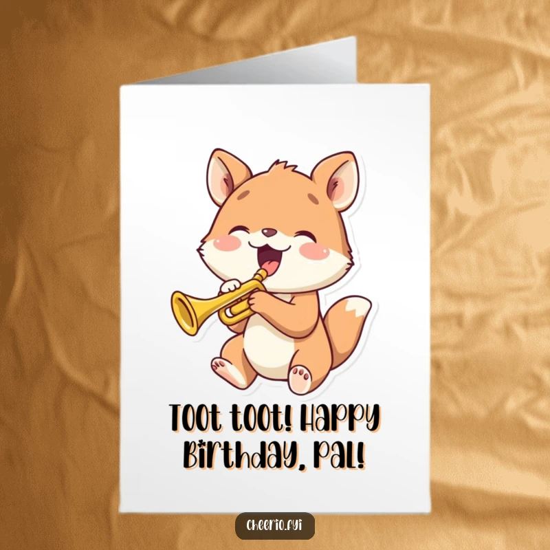 Funny Free Printable Birthday Card: An animal joyfully plays a tiny trumpet, perfect for a downloadable birthday surprise.
