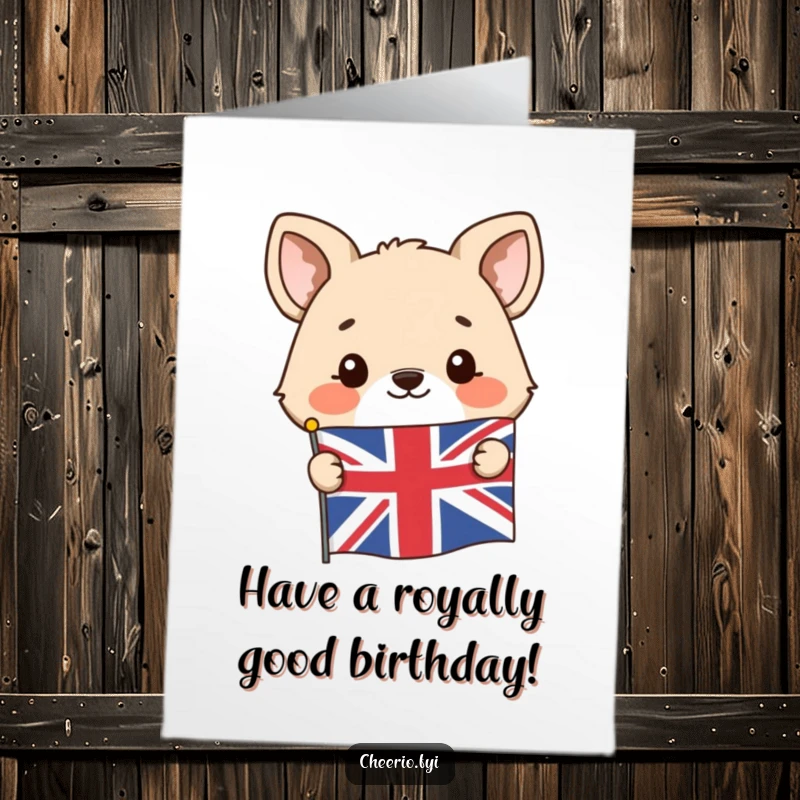 Funny Free Printable Birthday Card with a happy animal peeking mischievously from behind a small Union Jack flag.