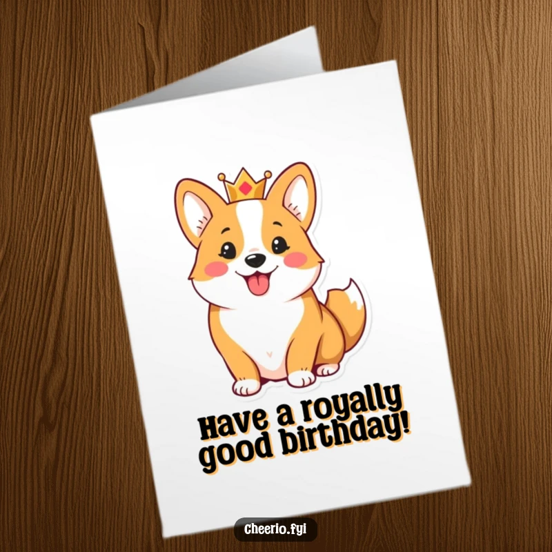 Funny Free Printable Birthday Card: Cheerful corgi wearing a small crown, wagging its tail excitedly for the birthday.
