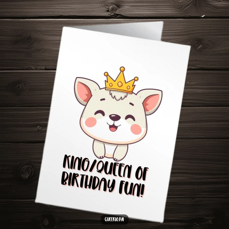 Funny Free Printable Birthday Card: Cute animal wears crown proudly, a perfect downloadable gift.