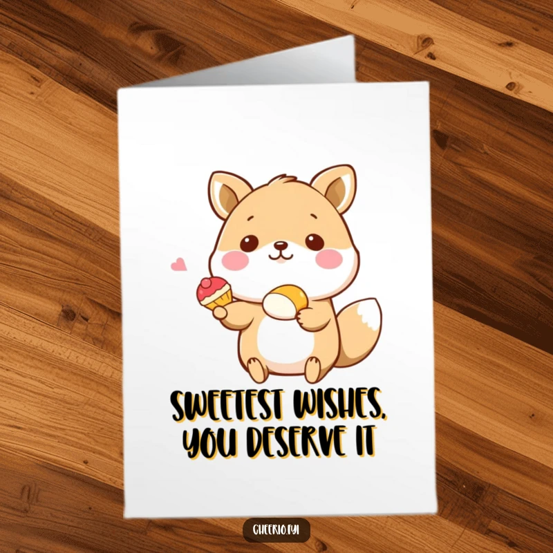 Funny Free Printable Birthday Card: Happy animal with a big smile presenting a tiny, delectable pastry with a flourish, wishing birthday joy.