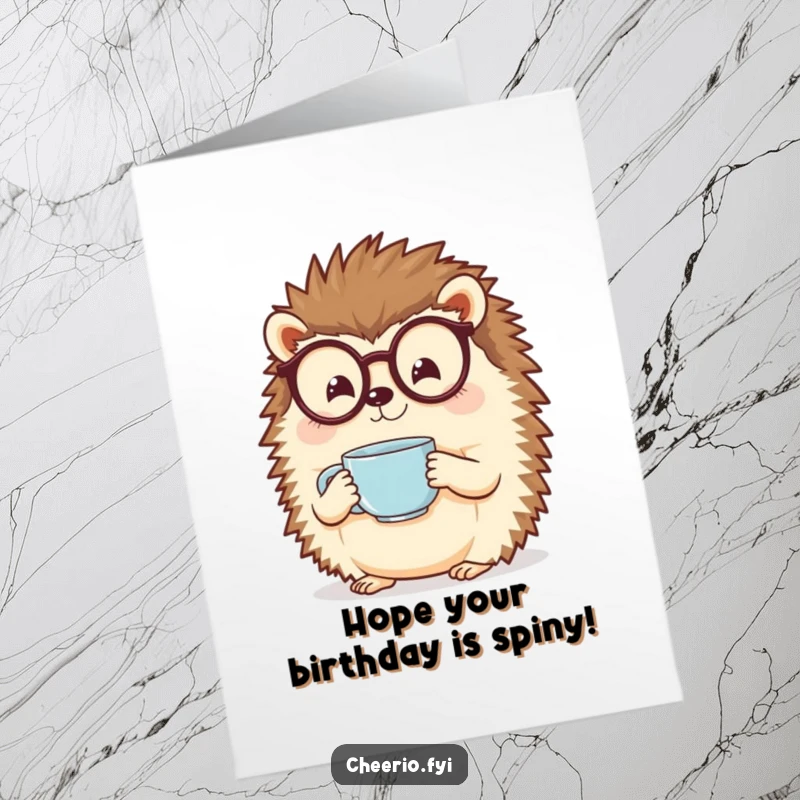 Funny Free Printable Birthday Card: A cheerful hedgehog in spectacles holding a teacup, inviting a delightful birthday toast.
