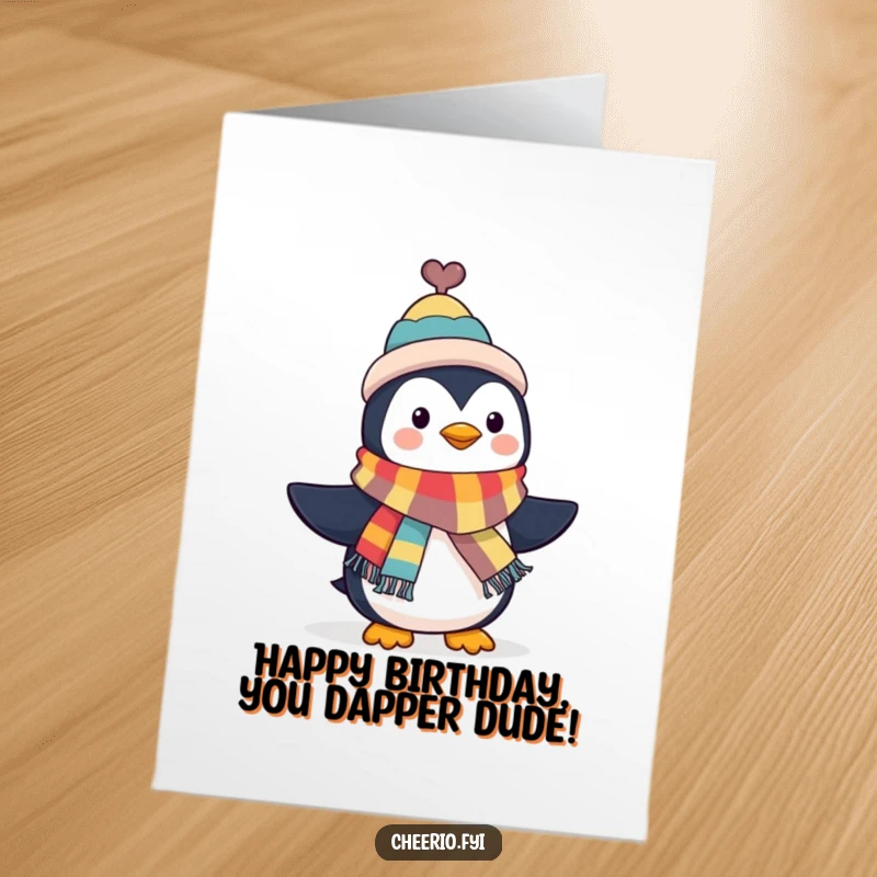 Funny Free Printable Birthday Card: Penguin in a tiny top hat waves a colorful scarf, looking dapper and ready to party, a chic downloadable.