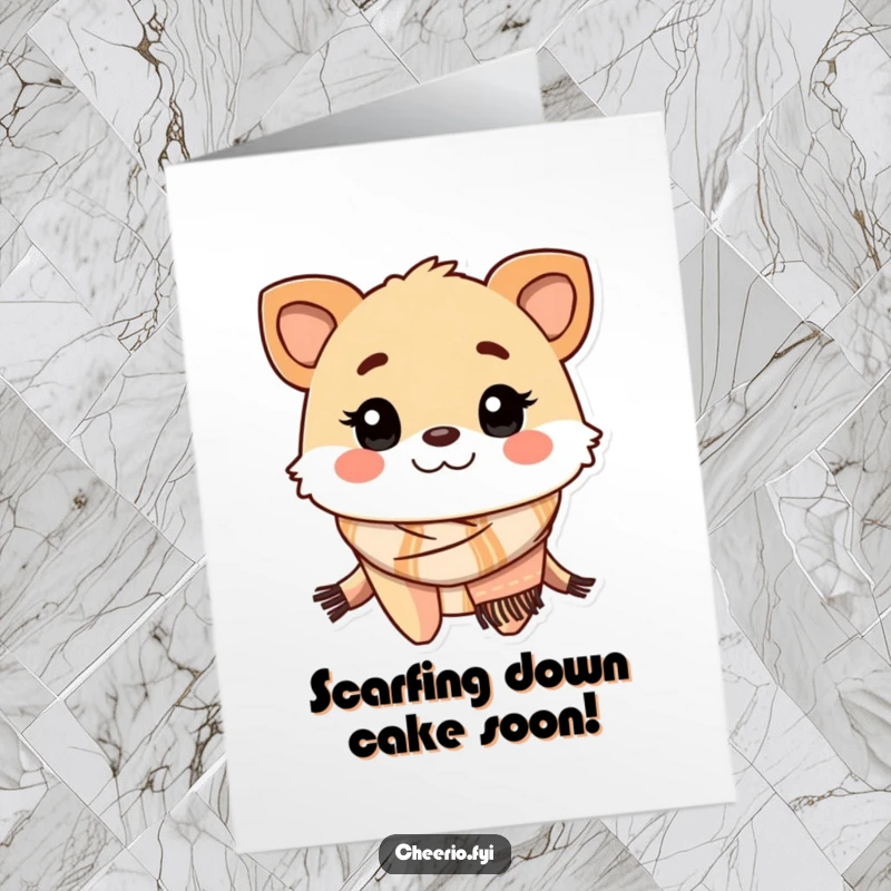 Funny Free Printable Birthday Card: Cartoon creature with a friendly grin wearing a traditional scarf, radiating warmth.