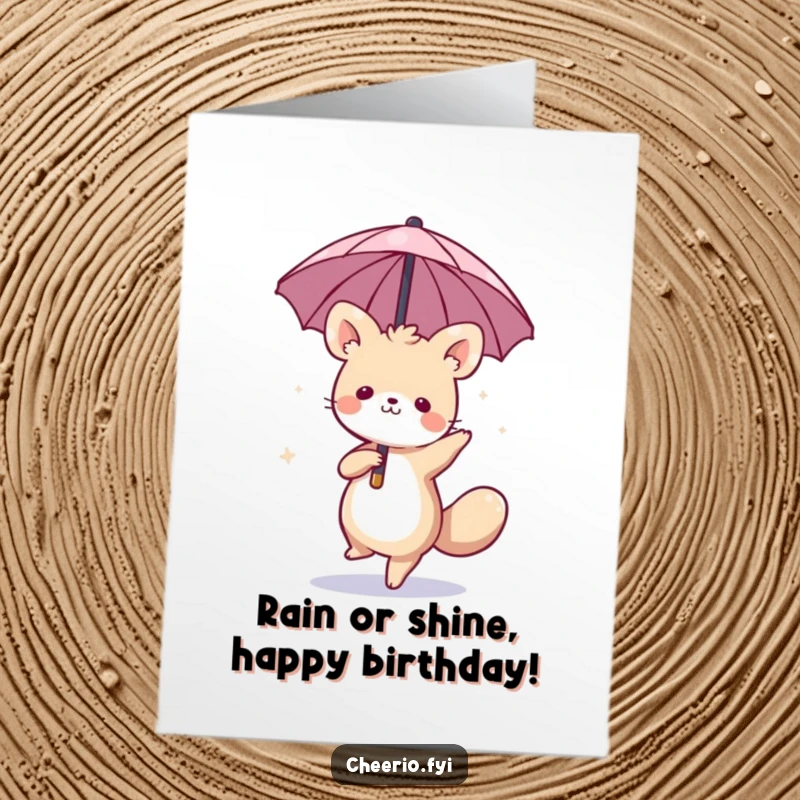 Funny Free Printable Birthday Card: Whimsical animal gleefully dancing while holding a miniature umbrella, spreading birthday cheer, downloadable.