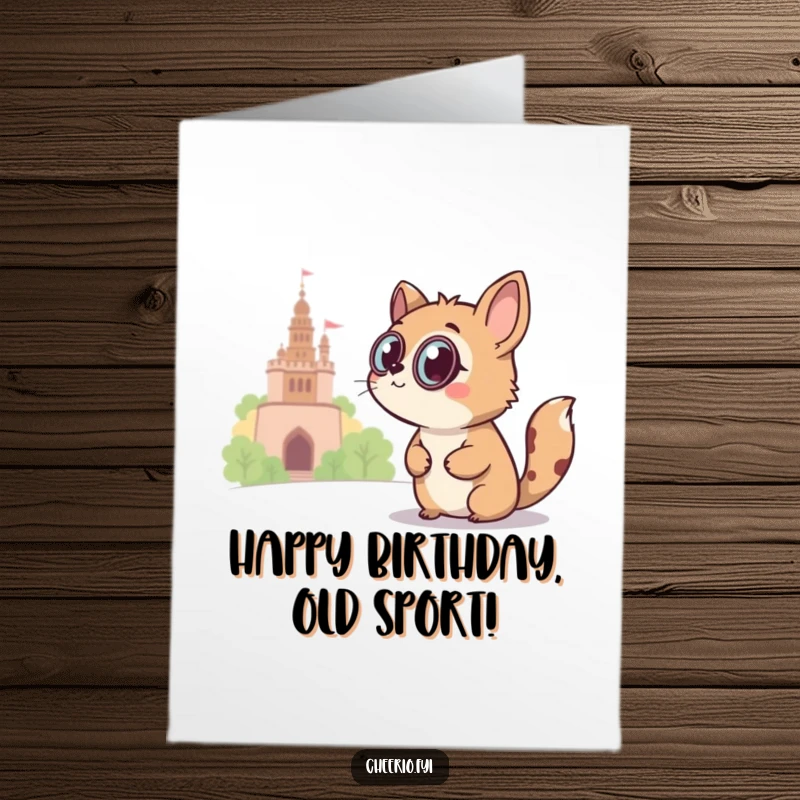 Funny Free Printable Birthday Card: A curious animal with a monocle peers intently at a landmark.