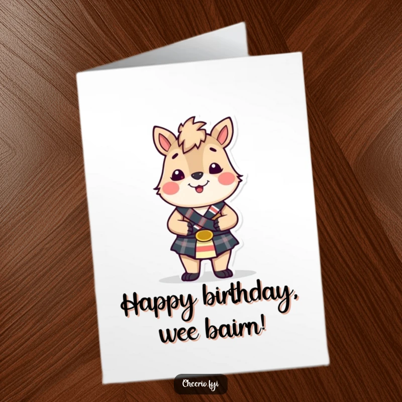 Funny Free Printable Birthday Card: Cheerful British animal character in a kilt, spreading joy, perfect for a hilarious DIY gift.