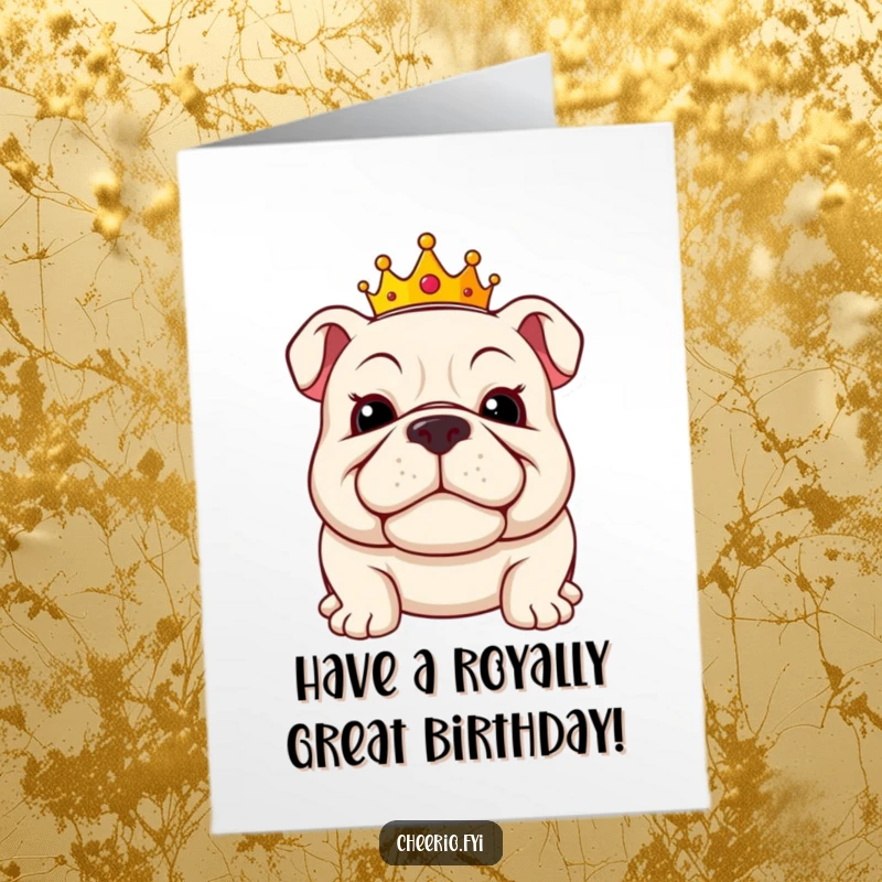 Funny Free Printable Birthday Card featuring a jolly bulldog wearing a small crown and a proud grin, radiating birthday cheer.