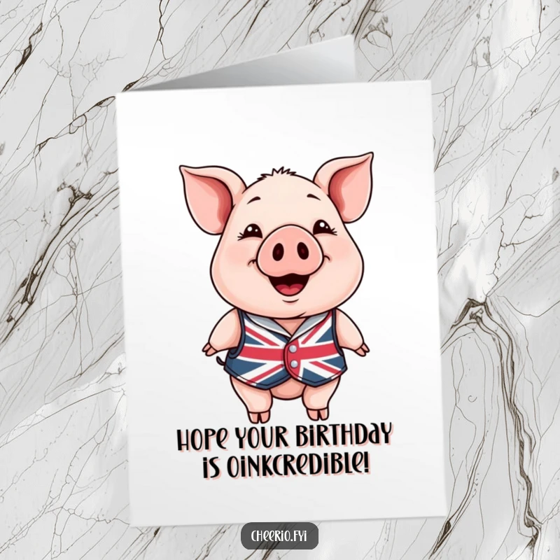 Funny Free Printable Birthday Card: A happy pig wearing a small Union Jack waistcoat smiles warmly, ready to celebrate.