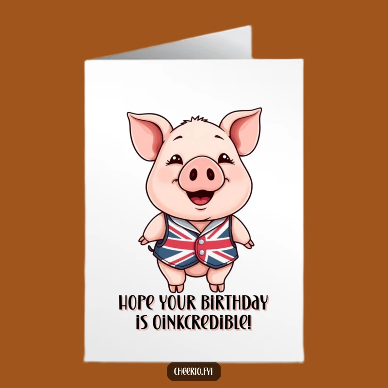 Free Printable Birthday Card: Jolly Piggy Union Jack Funny Downloadable Gift for Brits or Fans