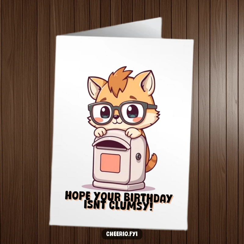 Funny Free Printable Birthday Card: A playful animal in big glasses trips over a post box, creating a comical birthday scene.