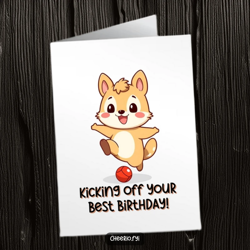 Funny Free Printable Birthday Card: A happy animal character gleefully kicks a small red ball, sporting a wide, infectious grin.