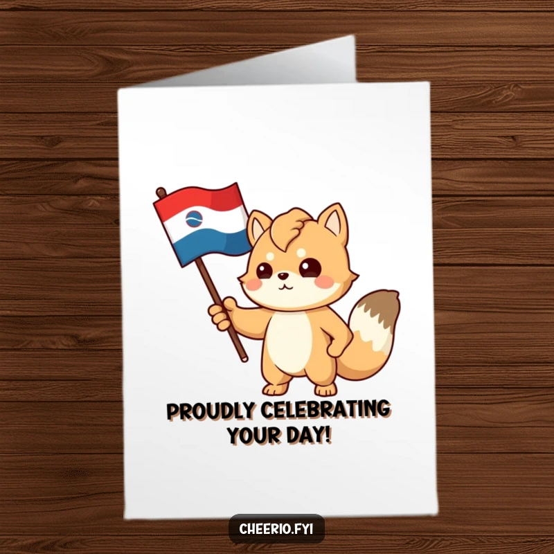 Funny Free Printable Birthday Card: A proud animal with determination gestures towards a stylized flag, celebrating their special day.