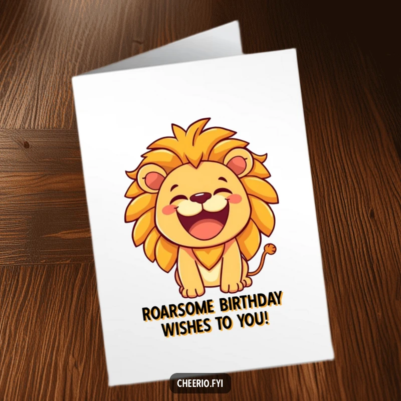 Funny Free Printable Birthday Card: Hearty laughing lion lets out a friendly roar, spreading birthday cheer, a bold downloadable gift.