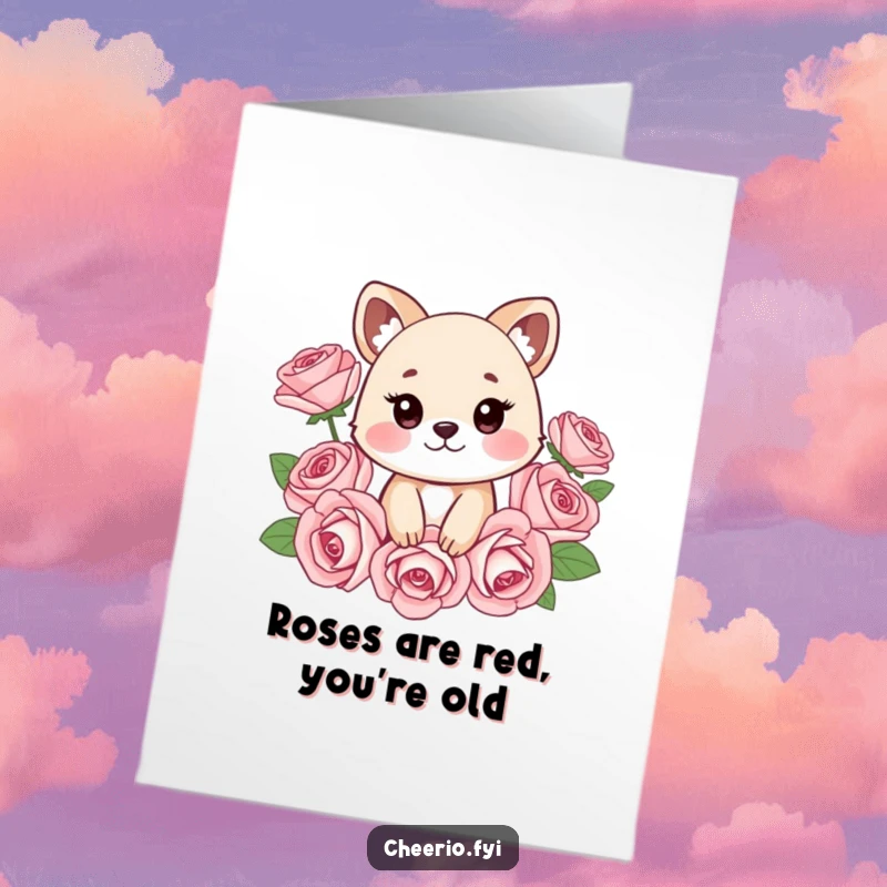 Funny Free Printable Birthday Card: Cheeky animal with a mischievous grin surrounded by vibrant roses, ready to deliver birthday laughs.