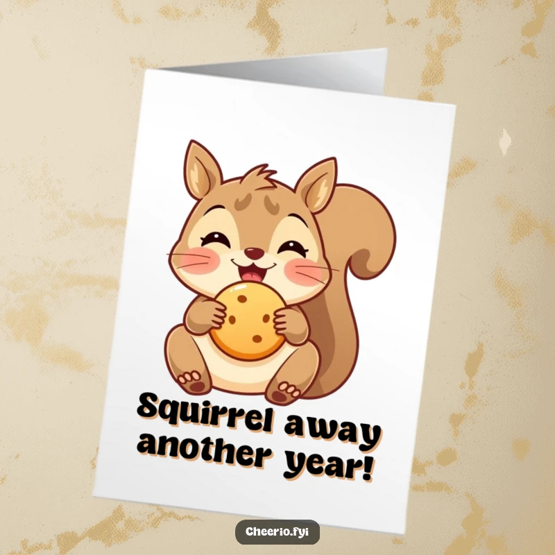 Funny Free Printable Birthday Card featuring a delighted squirrel holding a biscuit, perfect for a yummy celebration.