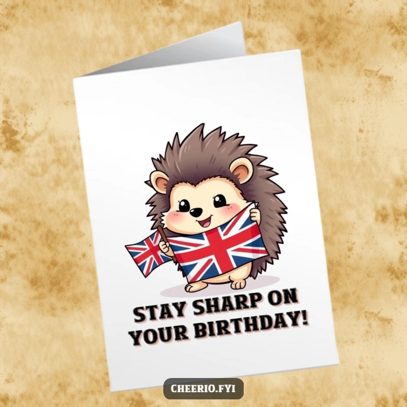 Funny Free Printable Birthday Card featuring a happy hedgehog waving a Union Jack flag, perfect for a fun celebration.