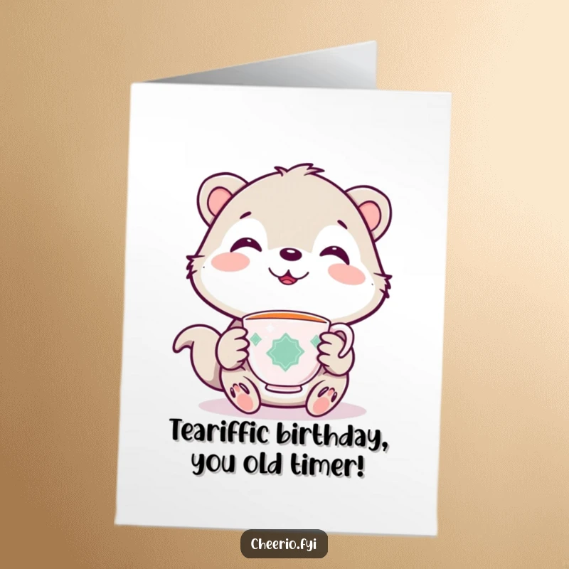 Funny Free Printable Birthday Card featuring a cute, smiling animal holding a tiny teacup, ready for a birthday celebration.