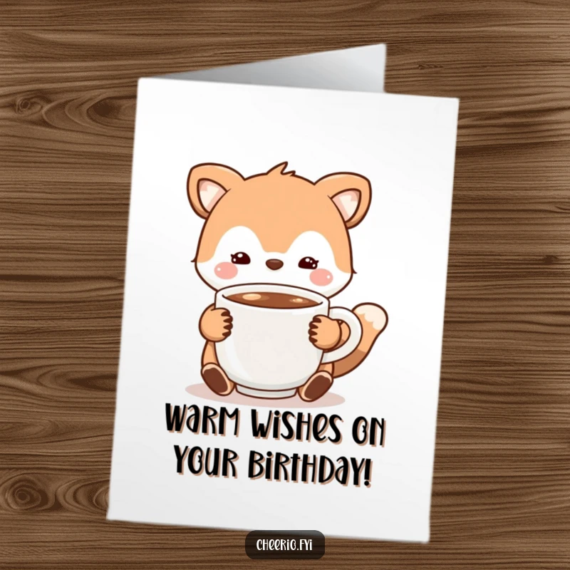 Funny free printable birthday card of an animal character offering a steaming cup of warm cocoa, spreading birthday cheer and cozy vibes.