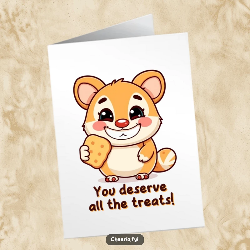 Funny Free Printable Birthday Card featuring a happy animal mascot with a wide grin, kindly offering a delicious biscuit.