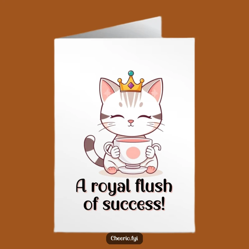 Free Printable Congrats Card: Royal Cat Teacup Triumph, Humorous Downloadable Gift