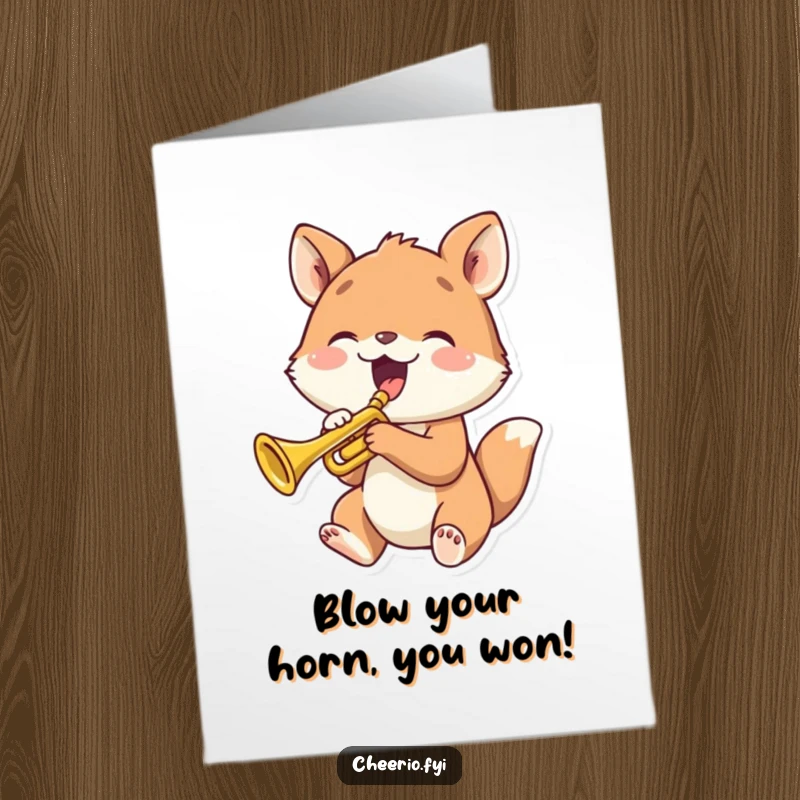 Funny Free Printable Congratulations Card featuring an animal playing a small trumpet with joy, a great downloadable gift.
