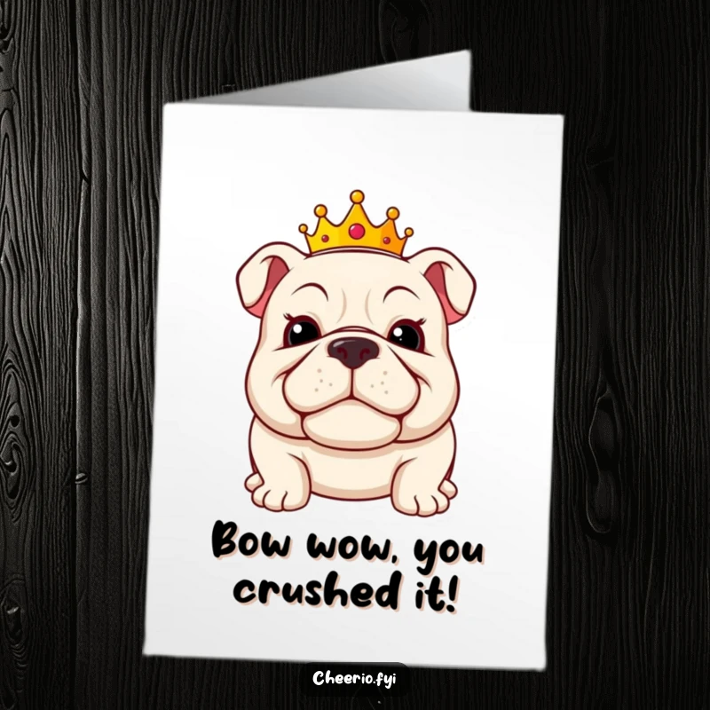 Funny Free Printable Congratulations Card: A jolly bulldog adorned with a small crown, looking incredibly proud and distinguished.