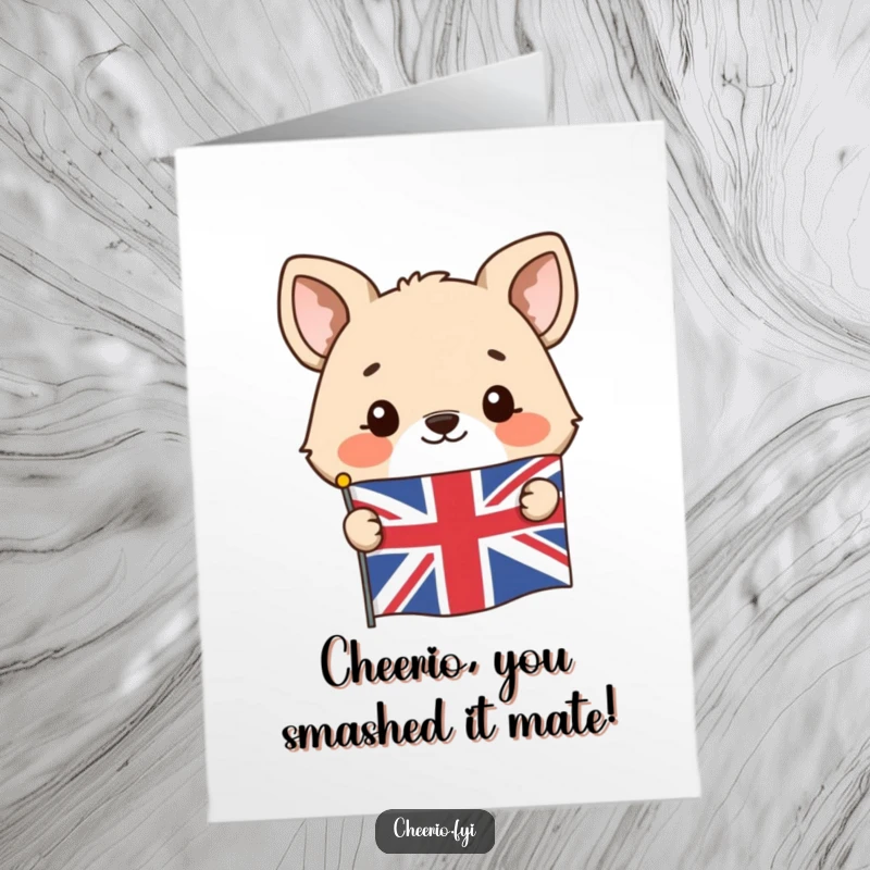 Funny Free Printable Congratulations Card featuring a happy animal peeking out from behind a small Union Jack flag, celebrating success.