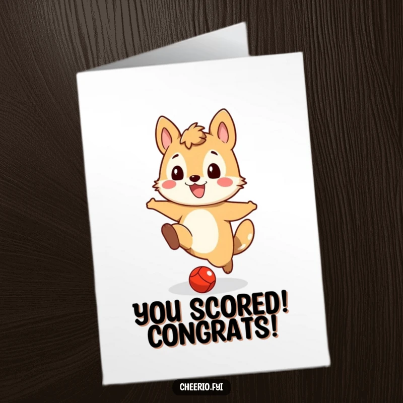 Funny Free Printable Congratulations Card: A playful animal character celebrates a win by kicking a red ball, a big grin on its face.