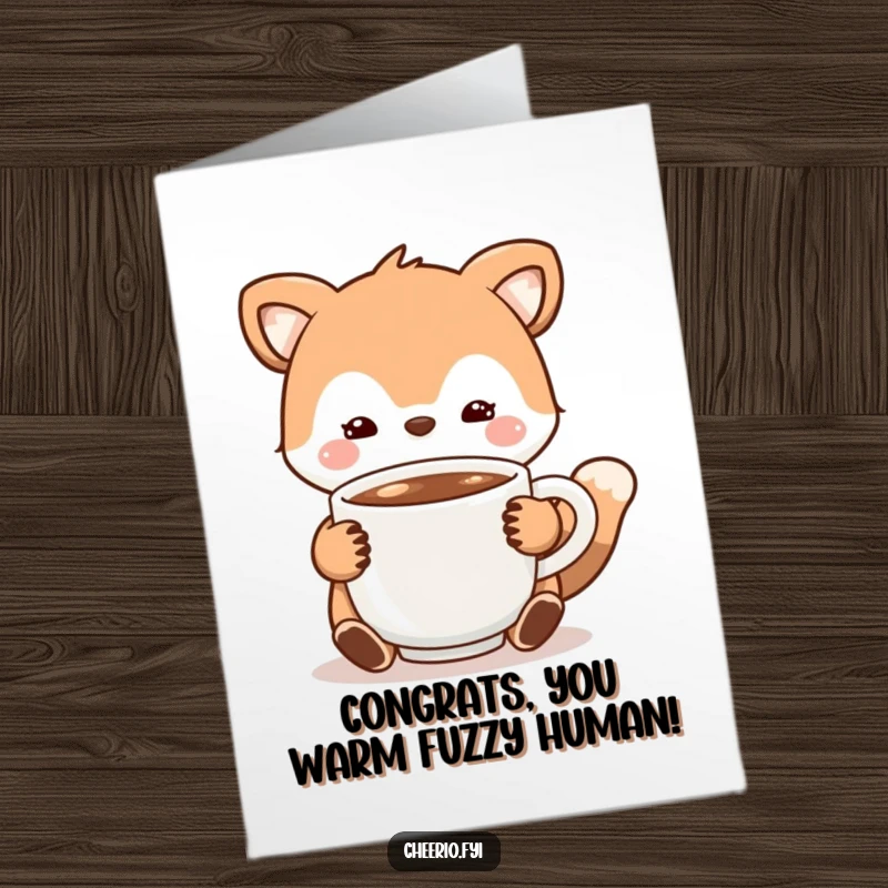 Funny free printable congratulations card of an animal character offering a warm cup of cocoa, celebrating achievements with a cozy, sweet gesture.